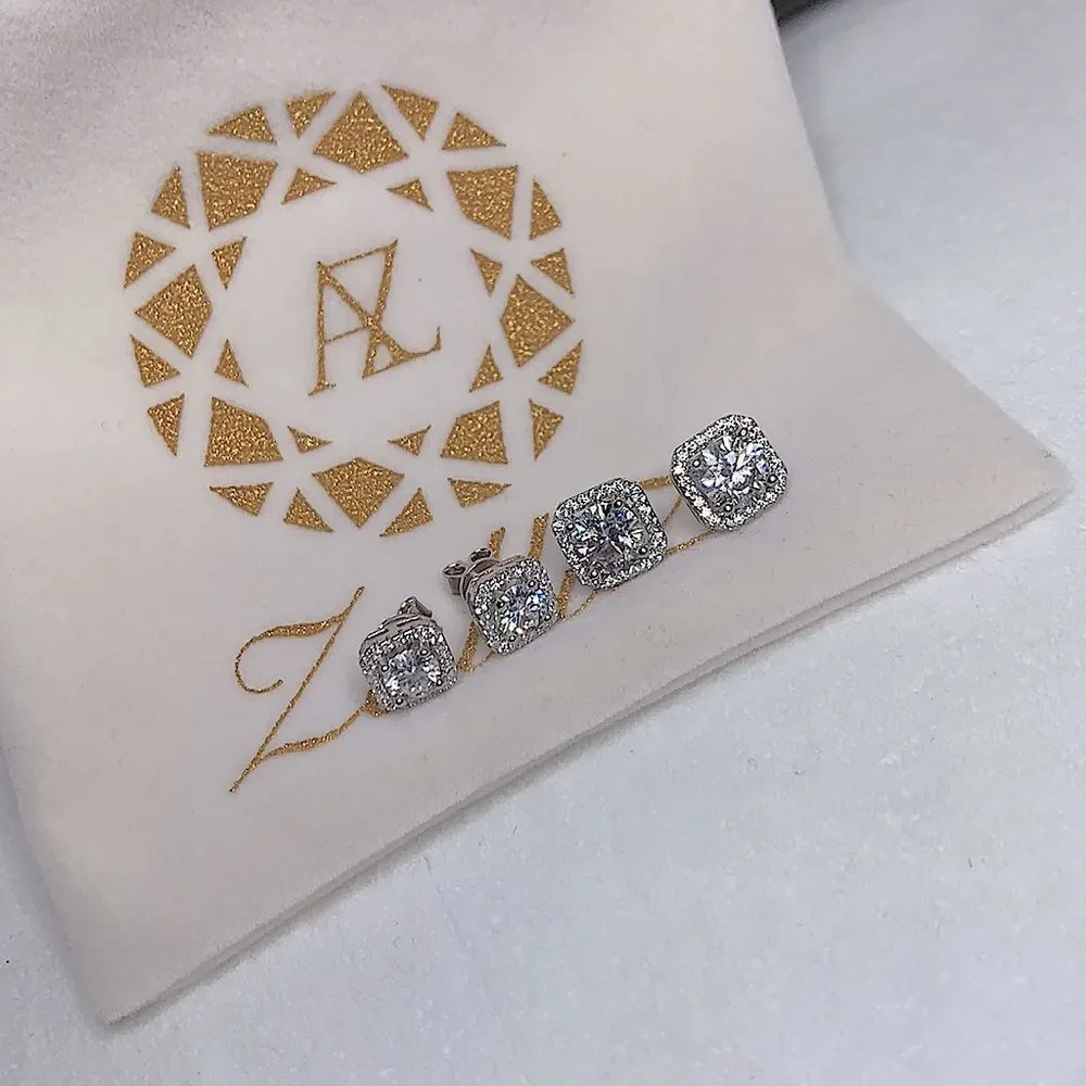 Square halo round brilliant diamond earrings